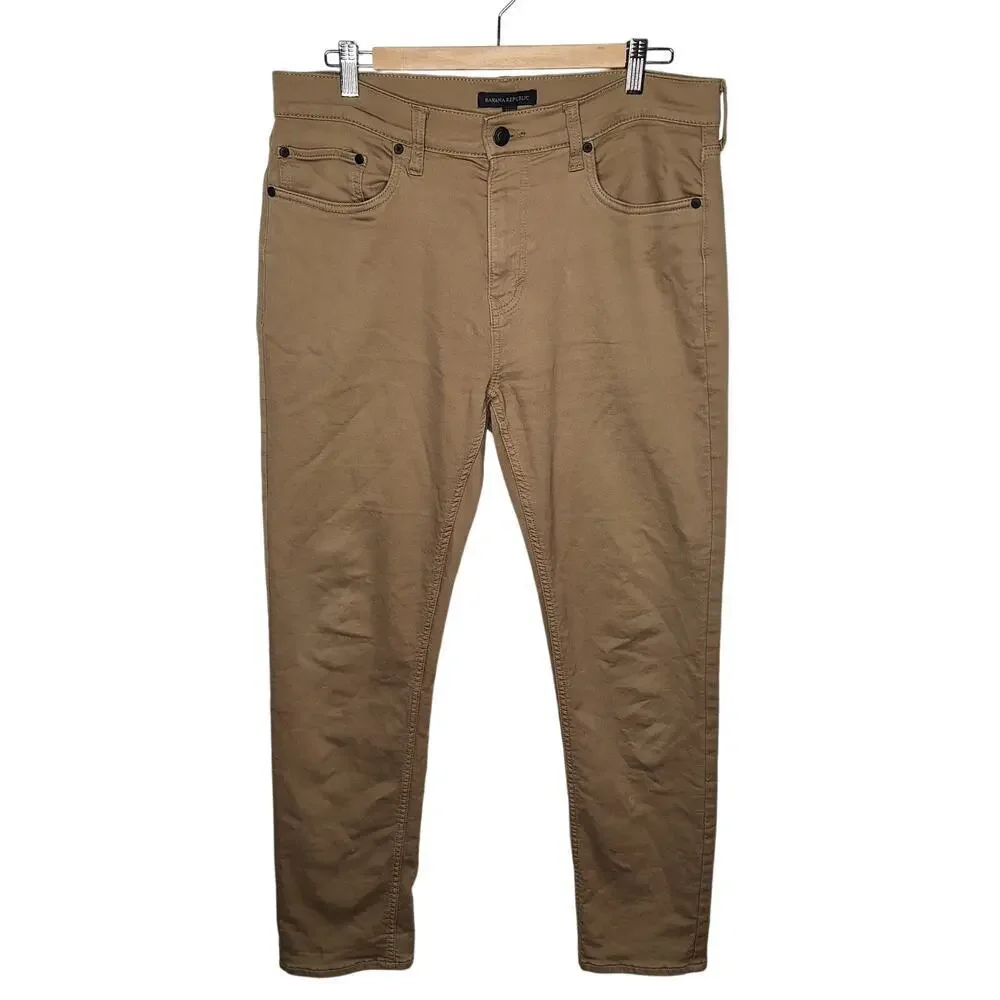 Banana Republic 5 pocket Slim Pants Men 34 x 32 Tan Khaki Stretch Cotton Chino